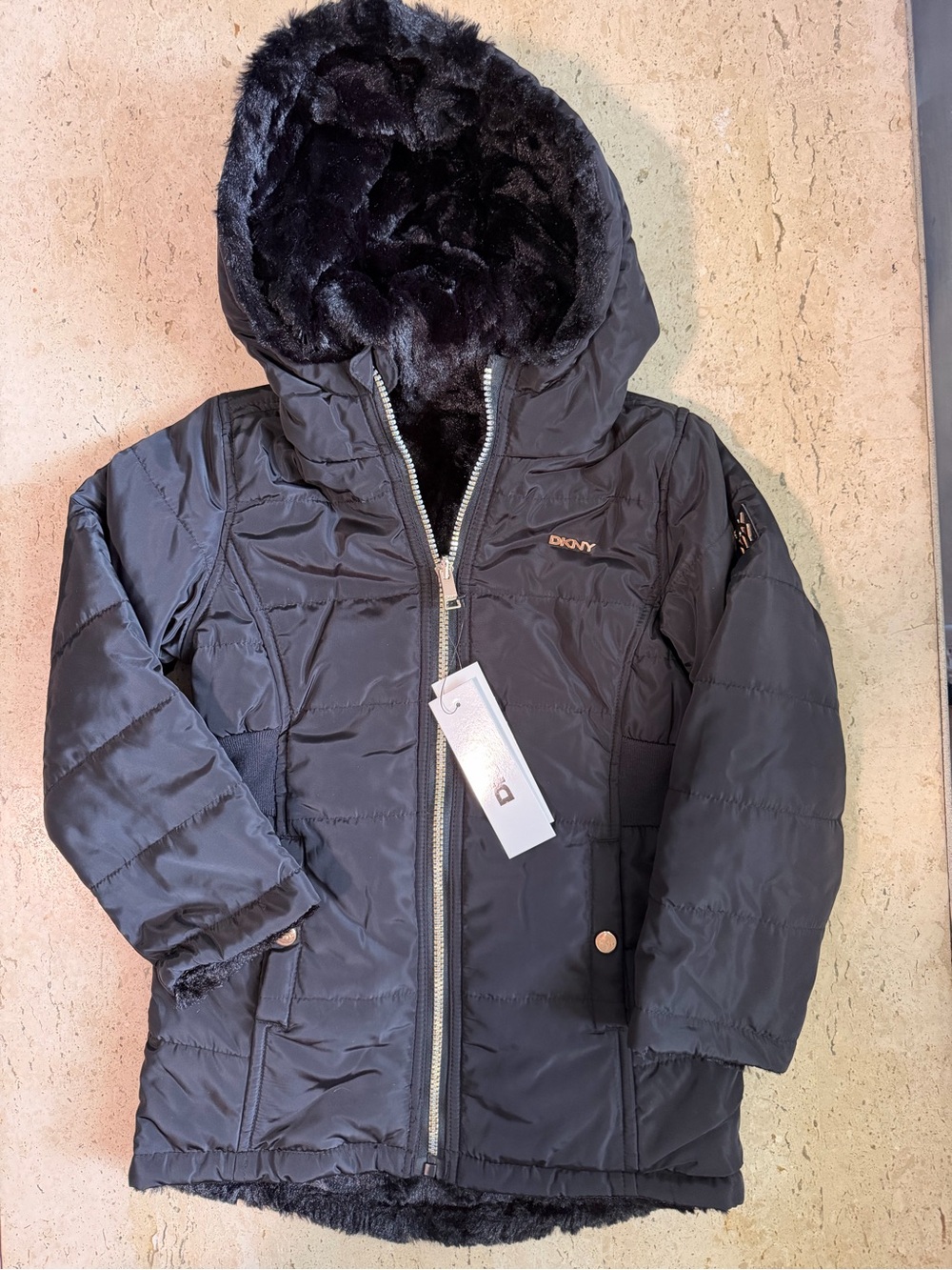 DKNY Girls 5/6 Reversible Black Faux Fur/Puffer Hooded Winter Coat NWT
